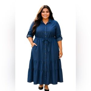 Boutique MPH Cotton Belted Denim Shirt Dress Button Down Casual Plus Size 1X